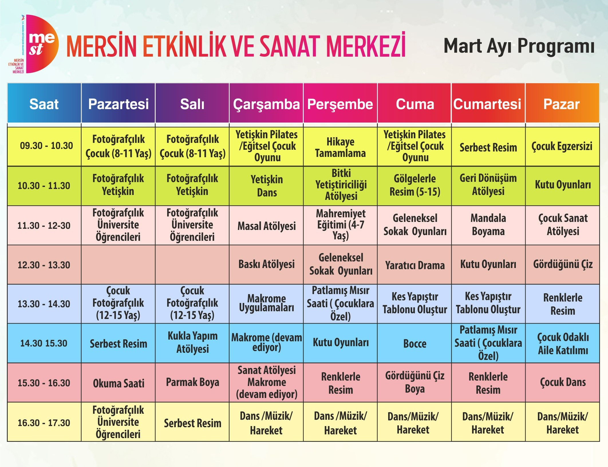 ETKİNLİK VE SANAT MERKEZİ MART AYI ATÖLYE PROGRAMIMIZ