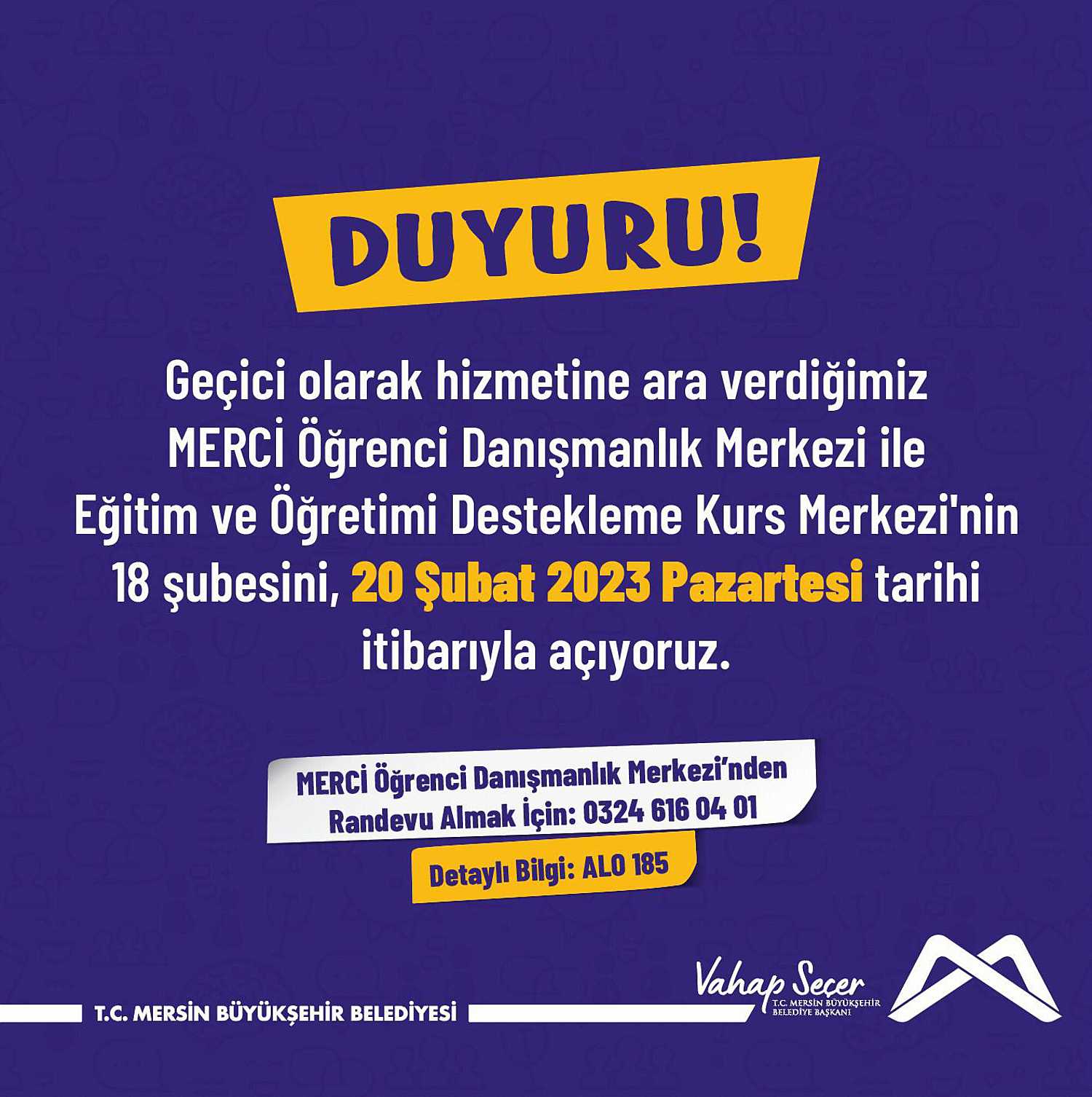 MERCİ Öğrenci Danışmanlık Merkezi ile Eğitim ve Öğretimi Destekleme Kurs Merkezi'nin 18 şubesini, 20 Şubat 2023 Pazartesi tarihi itibarıyla açıyoruz